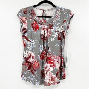 NWT DanielRainn Women's Gray Red Floral Pleated Blouse Top Size PXS